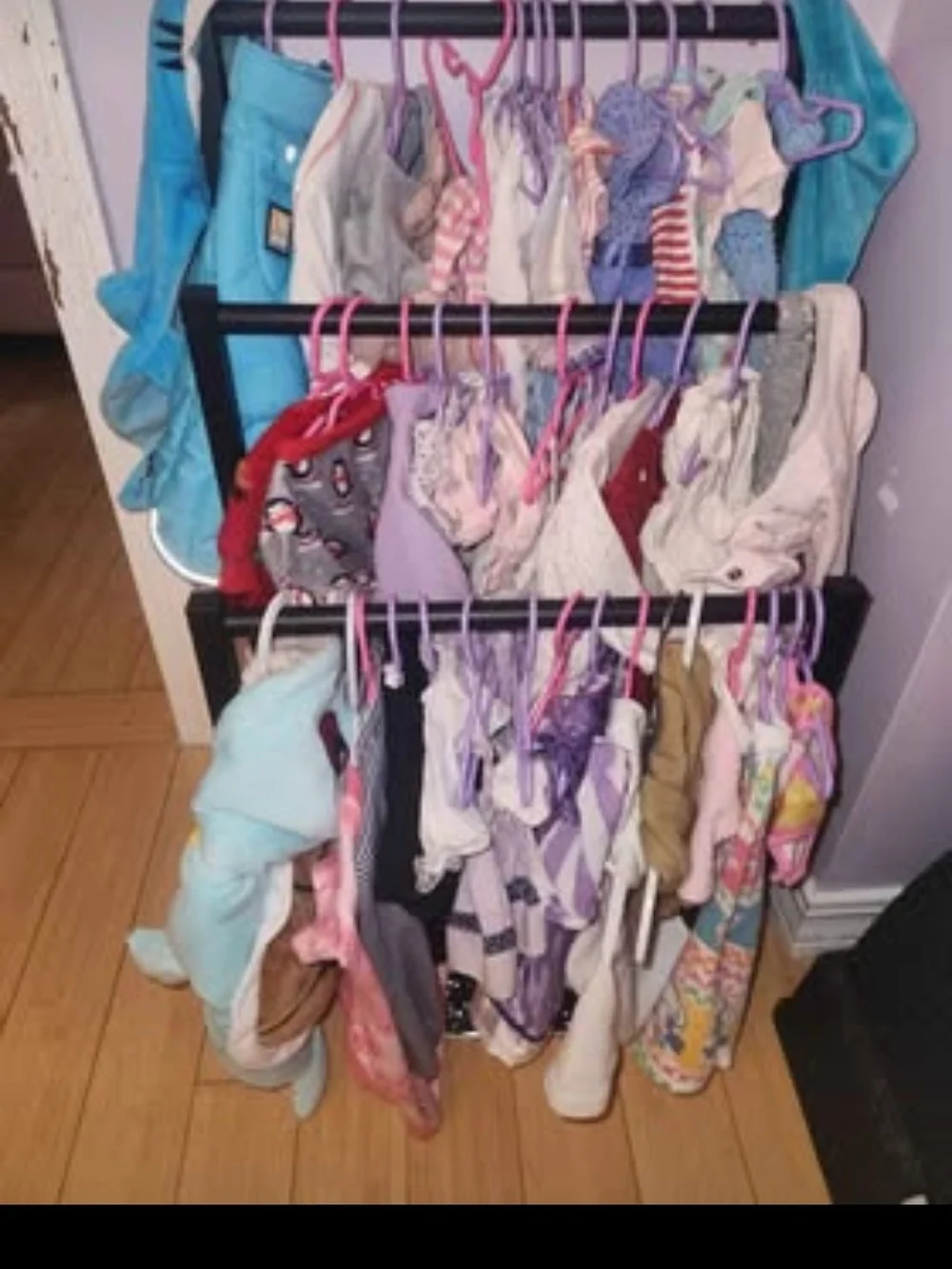 Multi-Tier Garment Rack with Pink & Purple Hangers For Doll Clothes, Baby, Pets